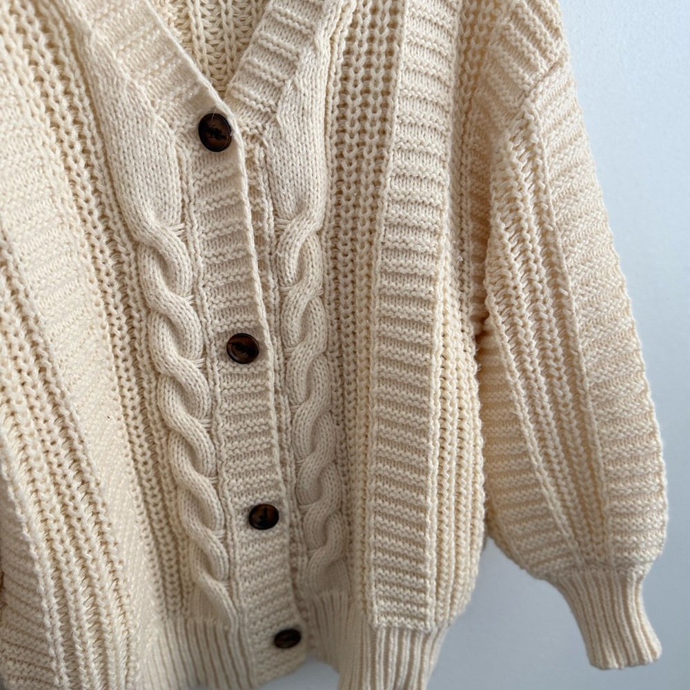 Chunky Cable Knit Cardigan Cream Oversized Fisherman Grandpa Sweater - Picture 9 of 15
